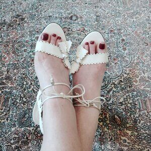 Bebe Bow High Heel Sandals  White Lacey Leather  Ankle Straps  8 1/2 M